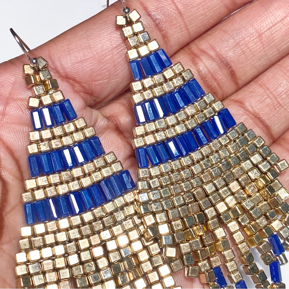 New Iridescent Navy Blue & Metallic Gold Beaded Fringe Earrings, Boho Style - Picture 9 of 14
